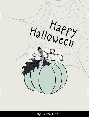 Happy Halloween Karte mit grünem Kürbis und Spinnennetz. Vektordarstellung Stock Vektor