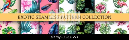 Exotische Muster nahtlose Kollektion. Palmenblätter, Monstera, Papageien und Blumen. Boho, bali-Ästhetik. Hawaii Textilpaket. Grafiken für Bekleidung Stock Vektor