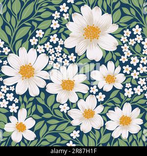 Florales Nahtloses Muster aus weißen Blumen und grünen Blättern auf blaugrünem Hintergrund, Tapetendesign für Textilien, Papiere, Drucke, Modehintergründe, Schönheitsprodukte Stock Vektor