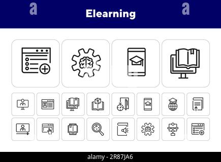 E-Learning-Zeilen-Symbolsatz Stock Vektor