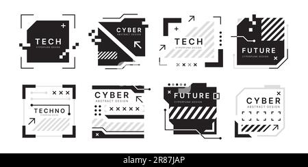 Technische Elemente. Abstrakte quadratische Formen. Moderne Rahmenbox. Cyber-Glitch – Titel der Zukunft. Schwarzweiß-Silhouetten-HUD-Rahmen. Bedienfeldanzeige. Digitales Spiel bla Stock Vektor
