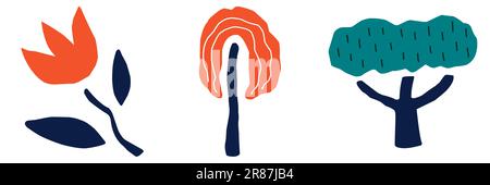 Pudelpflanzen. Handgezeichnete Blumen, Bäume im Kritzelstil. Süßes abstraktes Poster und Karte. Trendige botanische Kunst. Farbenfrohe, einfache Formen. Exotische Blüten-iso Stock Vektor