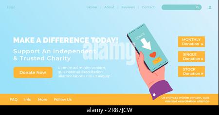 Unterstützen Sie unabhängige und vertrauenswürdige Wohltätigkeitsorganisationen, machen Sie noch heute etwas aus. Monatliche Spende und finanzielle Hilfe für arme Menschen und Obdachlose. Landing-Page der Website Stock Vektor