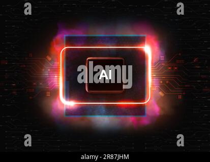 KI-Konzept der künstlichen Intelligenz. CPU-Chip mit Neonlichtern auf Leiterplattenhintergrund. Futuristische innovative Technologien. 3D-Rendering Stockfoto