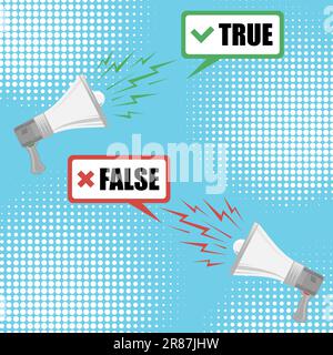 Vector True Facts und False Myths mit Megafonen – Melden Sie sich auf einem farbigen gepunkteten Hintergrund. Gegen Battle Banner Stock Vektor