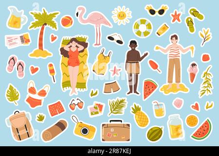 Aufkleber für Sommerferien setzen Vektorbilder. Cartoon isolierte niedliche tropische Reise Strandkollektion mit Figuren zum Sonnenbaden, Getränken und exotischen Früchten, modischer Sonnenbrille und Badeanzug, Seesterne Stock Vektor