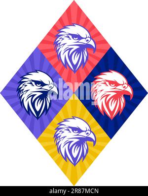 Adler, Falke, Hawk Head Logo, Symbol, Vektordarstellung. Perfekt für Firmendesign. Diamantformen schützen mit Strahlen im Hintergrund. Stock Vektor
