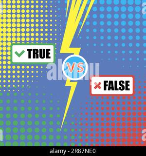 Vector True Facts und False Myths – Unterschreiben Sie auf einem farbenfrohen gepunkteten Hintergrund. Gegen Battle Banner Stock Vektor