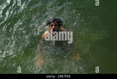 Srinagar Kaschmir, Indien. 19. Juni 2023. Ein Mann kühlt sich an einem heißen Sommertag in Srinagar im Wasser des Dal Lake ab. Am 19. Juni wurde in Srinagar eine Tagestemperatur von 31 Grad Celsius festgestellt, da die meteorologische Abteilung in den nächsten Tagen ein heißes und feuchtes Wetter in Kaschmir vorhersagt. Am 19. Juni 2023 in Srinagar Kaschmir, Indien. (Kreditbild: © Firdous Nazir/Eyepix via ZUMA Press Wire) NUR REDAKTIONELLE VERWENDUNG! Nicht für den kommerziellen GEBRAUCH! Stockfoto