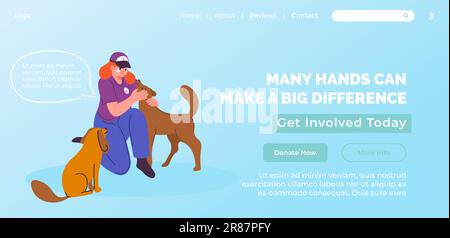 Wohltätigkeits- und Spendenorganisation, Freiwilligenarbeit für Hunde und Tiere. Verstreute Eckzähne mit Nahrung und medizinischer Grundversorgung unterstützen. Website-Landing pa Stock Vektor