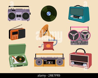 Musik-Player. Vintage-stilisierte Illustrationen von Musikaufnahmegeräten Radio-Headset neuere Vektorvorlage Stock Vektor