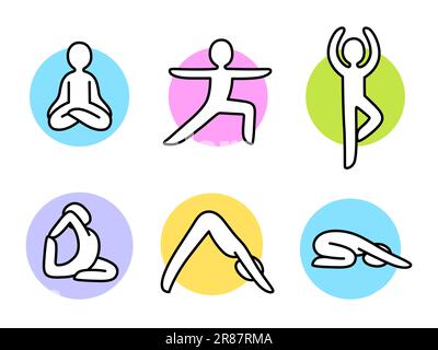 Yoga-Doodle-Symbole in Farbkreisen. Handgezeichnete Figuren in Yoga-Asanas. Einfache Zeichentricksymbole, Vektordarstellung. Stock Vektor