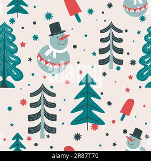 Winterszene mit Schneemännern und Pinienwald Stock Vektor