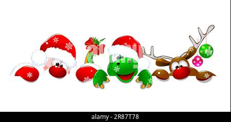 Weihnachtsmann, Hirsch und Kaninchen auf weißem Hintergrund. Die Figuren tragen Weihnachtsmannmützen und sind mit Weihnachtsdekorationen dekoriert. Gemäß t Stock Vektor