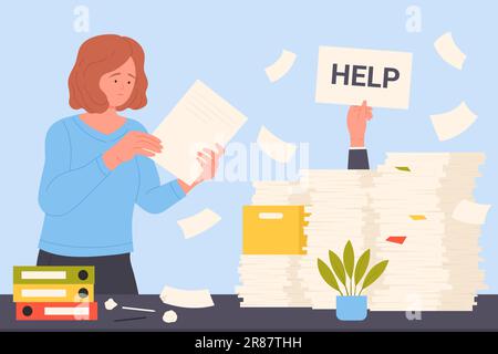 Stress durch Bürokratie-Vektordarstellung. Comic-Frau, die einem müden Mitarbeiter ein Dokument übergibt, ertrinkt im Chaos von Papierstapeln und Stapeln auf dem Schreibtisch, Hand eines Geschäftsmannes mit einem Hilfsschild Stock Vektor