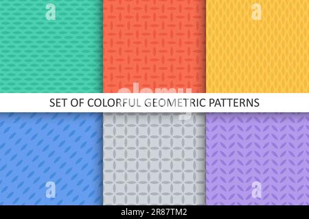 Gruppe nahtloser geometrischer Vektormuster. Farbenfrohe, endlose Ziertexturen. Heller, ungewöhnlicher Hintergrund. Stock Vektor