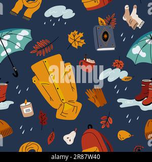 Herbstelemente für Cartoons. Nahtloses Muster für die Herbstsaison Kuschelige Kleidung. Schuhe und warme Wollsocken. Saisonale Objekte. Regenschirm für regnerisches Wetter. Gelb r Stock Vektor