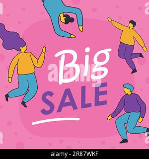 Einkaufen mit Verkäufen und Rabatten, große Preissenkung für Kunden und Kunden. Personen, die Produkte und Artikel kaufen, Werbebanner oder Werbung Stock Vektor