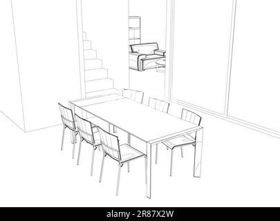 Gliederung Speisesaal Haus Innenausstattung Grafik schwarz weiß Zeichnung Zeichnungsvektor. Esstisch und Stühle im Stil von Konturkunstwerken. Klassischer Style Stock Vektor