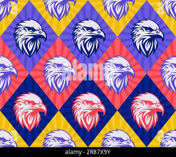 Adler, Falke, Hawk Head Logo, Symbol, Vektordarstellung. Nahtloses Eagle-Vektormuster, farbenfroher Stil im Pop-Art-Stil, diamantförmiger Hintergrund mit Strahlen. Stock Vektor