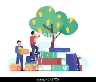 Leute, die Ideen aus Büchern bekommen. Wissen als Erfindungsquelle. Lehrbücher stapeln sich. Männer, die Bäume mit Inspirationslampen wachsen lassen. Lehrliteratur. Lig Stock Vektor