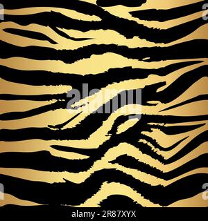 Tiger- und Zebrastruktur abstraktes Hintergrundgold. Hintergrundmuster Tiger und Zebrastreifen Gold Dschungel Safari. Tiger und Zebra nahtlos Stock Vektor