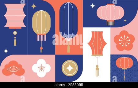 Chinesischer, asiatischer Hintergrund, Muster. Laternen, Ornamente und Blumen. Hintergrund des chinesischen Neujahrs, des Herbstfestes, Banner und Grußkarte. Flach Stock Vektor