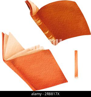 Ein Satz der Buchrücken von Aquarellbüchern. Universität, Schulbeginn, College. Dickes, dünnes Buch, Lesezeichen. Orangefarbene Schulbücher. Isolierte Elemente Stockfoto