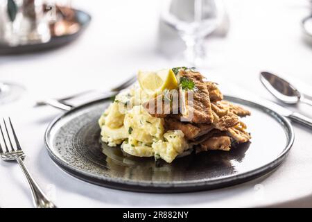 Orecchio d'elefante in Scheiben geschnitten und auf einem Kartoffelsalat mit Zitronenkeil serviert. Stockfoto