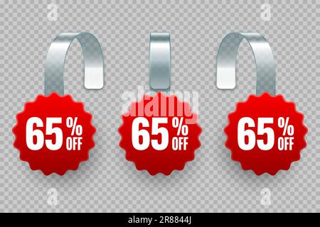Sonderwobbler im Supermarkt. Realistische rote Taumelschschvorlage für Regalwerbung, 65 % Rabatt. Verkaufsetikett mit Anzeigentext. Besonders Stock Vektor