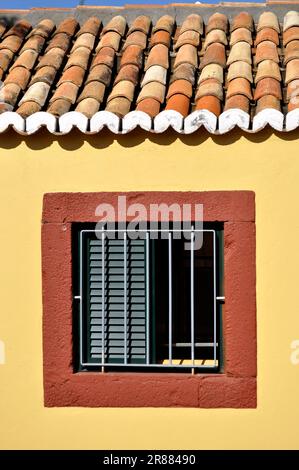 Madeira, Portugal, Funchal, verschließtes Fenster, Ziegeldach, Hausfassade, Hausschornstein Stockfoto