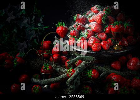 Gesüßte Erdbeeren (Fragaria ananassa), Stille, künstlerisch, Lebensmittelfotografie Stockfoto