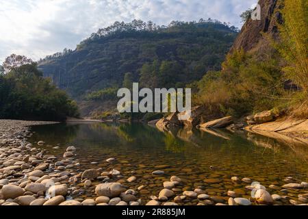 Ein Hain aus Bambusbäumen und ungewöhnlichen Felsformationen auf dem Fluss mit neun Biegungen in wuyishan china in der Provinz fujian, kopieren Sie Platz für Text Stockfoto