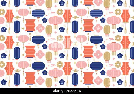 Chinesischer, asiatischer Hintergrund, Muster. Laternen, Ornamente und Blumen. Hintergrund des chinesischen Neujahrs, des Herbstfestes, Banner und Grußkarte. Flach Stock Vektor
