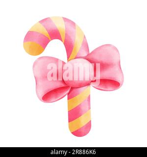 Aquarelle Zuckerstangen-Clipart. Pinkfarbene und gelbe Zuckerstangen mit pinkfarbener Schleife isoliert auf weißem Hintergrund. Halloween-Dessert, weihnachten, Stockfoto