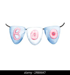 Aquarell Rosa Boo auf Blau und Weiß bunte Illustration isoliert auf weißem Hintergrund. Halloween-Banner, Schriftzug, Poster, Halloween-Design. Stockfoto