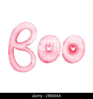 Aquarell pinkfarbene Boo-Illustration isoliert auf weißem Hintergrund. Halloween-Banner, Schriftzug, Poster, Crads-Design. Stockfoto