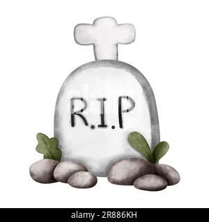 Aquarell halloween Friedhof mit Stein und Blättern. Halloween Friedhof Illustration isoliert auf weißem Hintergrund. Halloween Dekoration, Grußkarte Stockfoto