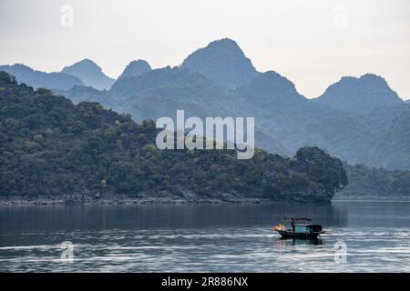 Luftaufnahme eines Boots durch die Halong-Bucht in Vietnam, Südostasien Stockfoto