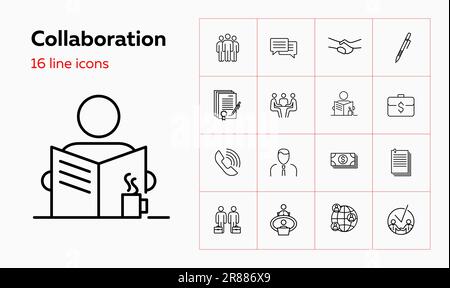 Symbolgruppe für Kollaborationslinien. Partner, Treffen, Händedruck, Vertrag. Geschäftskonzept. Kann für Themen wie Partnerschaft, Deal, Vereinbarung verwendet werden Stock Vektor
