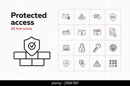 Symbolgruppe für geschützte Zugriffslinien. Fingerabdruck, Kreditkarte Stock Vektor
