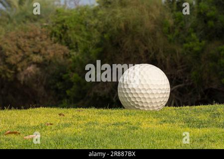 Caesarea, Israel - 4. August 2022: Eine gigantische Beton-Golfballstatue auf dem Gras vor dem Caesarea Golf Club. Stockfoto