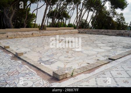 Caesarea, Israel - 4. August 2022: Der antike Mosaikboden des Herrenhauses „Birds Mosaic“ in Caesarea, Israel. Stockfoto