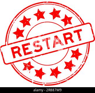 Grunge-rotes Neustartwort mit Sternsymbol, runder Gummidichtungsstempel auf weißem Hintergrund Stock Vektor