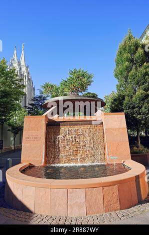 Brunnen, Temple Square, Salt Lake City, Utah, USA Stockfoto