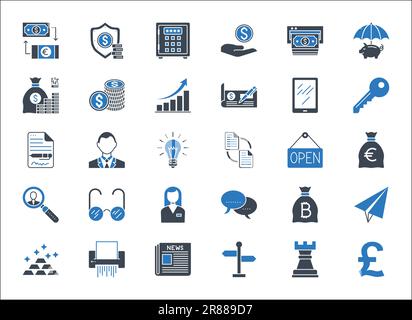 Vektorsymbole für Unternehmen, Banken und Finanzen setzen die Glyphe blau. Symbole für Unternehmen, Management, Finanzen, Strategie, Bankwesen, Marketing und Buchhaltung für Mo Stock Vektor
