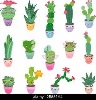 Kaktusfiguren, süße, lustige Kakteen in dekorativen Töpfen. Kinderfreunde, Cartoon-Blumentopf Kawaii-Gesicht. Heutzutage Sukkulenten-Vektorsatz Stock Vektor