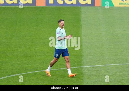 Lissabon, Portugal. 19. Juni 2023. Bruno Guimaraes aus Brasilien in Aktion während des offiziellen brasilianischen Trainings vor dem Fußballspiel gegen Senegal im Estadio Jose Alvalade. Kredit: SOPA Images Limited/Alamy Live News Stockfoto