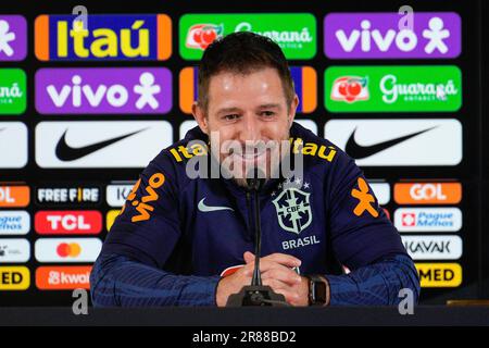 Lissabon, Portugal. 19. Juni 2023. Ramon Menezes, brasilianischer Trainer, wurde während einer brasilianischen Pressekonferenz vor dem Fußballspiel gegen Senegal bei Estadio Jose Alvalade gesehen. (Foto: Bruno de Carvalho/SOPA Images/Sipa USA) Guthaben: SIPA USA/Alamy Live News Stockfoto