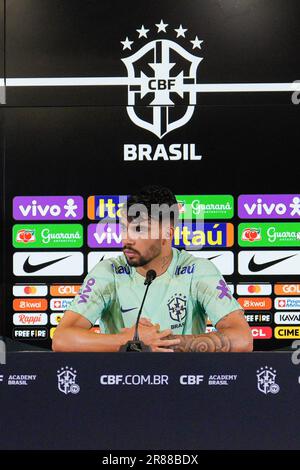 Lissabon, Portugal. 19. Juni 2023. Lucas Paqueta aus Brasilien während einer Pressekonferenz vor dem Fußballspiel gegen Senegal in Estadio Jose Alvalade. (Foto: Bruno de Carvalho/SOPA Images/Sipa USA) Guthaben: SIPA USA/Alamy Live News Stockfoto